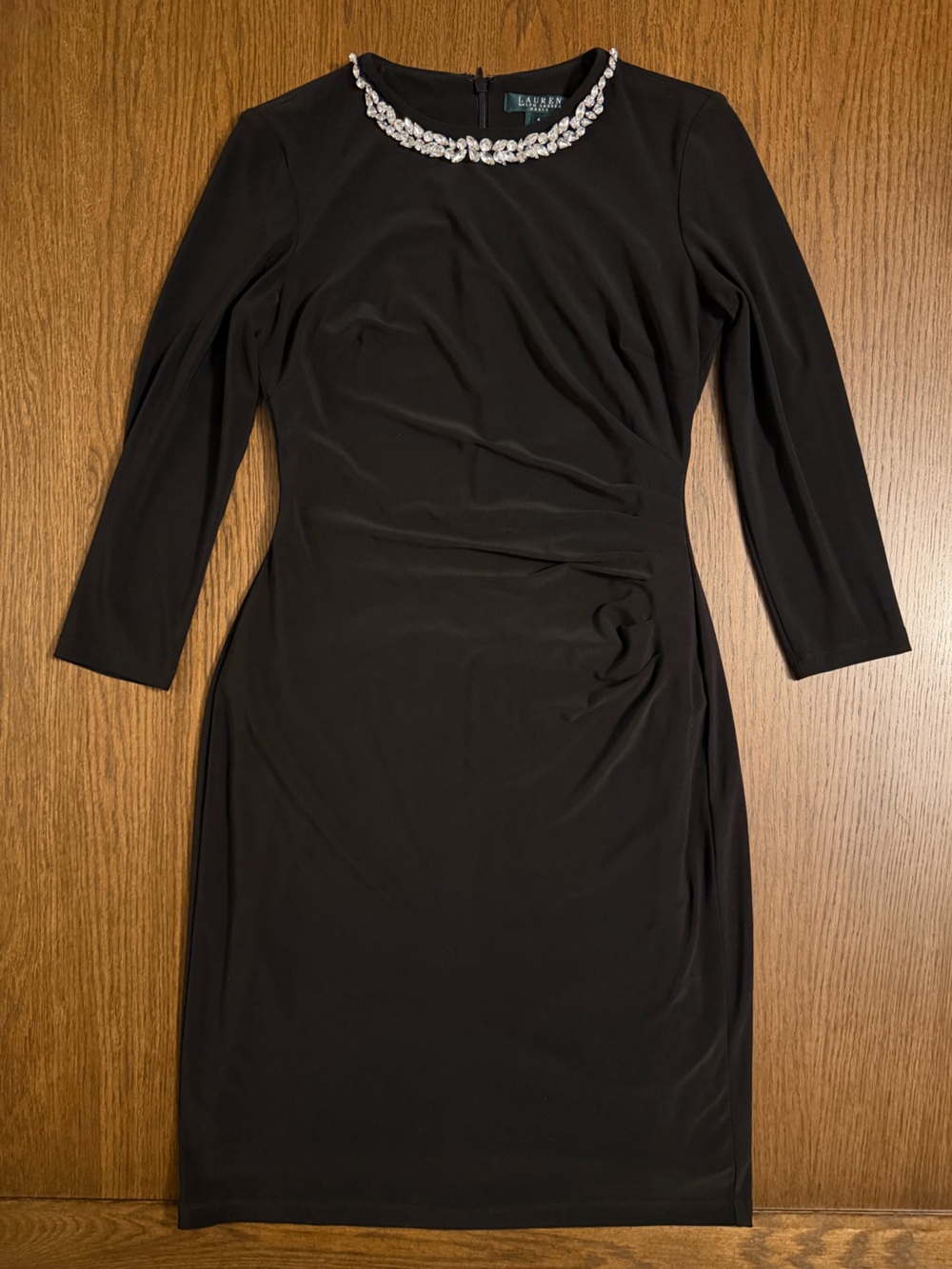Lauren Ralph Lauren Black 3/4 Sleeve Jewel-Neck Ruched Sheath Dress